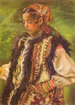Kazimierz Sichulski, "Drużka huculska", rok 1906. Drużka - oznaczała dziewczynę pełniącą rolę drużby weselnego, dzisiejszej "świadkowej"