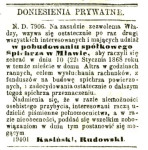 1867 rok - ogłoszenie "Dziennika Warszawskiego" dotyczące zebrania udziałowców